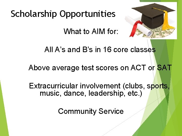 Scholarship Opportunities What to AIM for: All A’s and B’s in 16 core classes