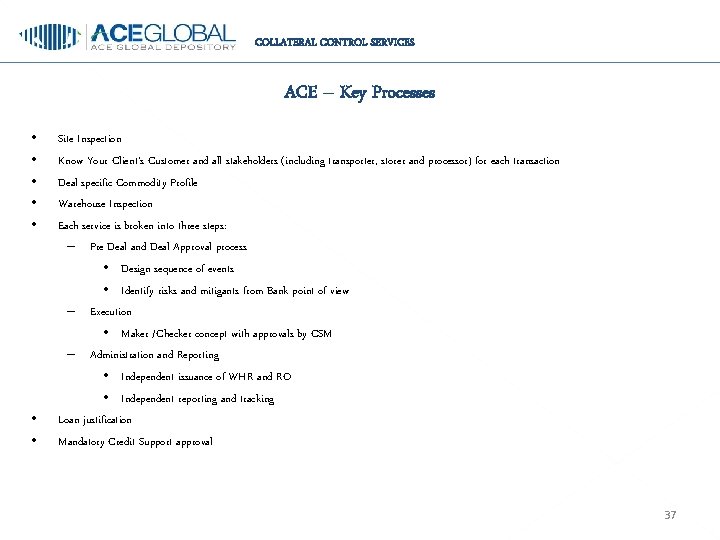COLLATERAL CONTROL SERVICES ACE – Key Processes • • Site Inspection Know Your Client’s