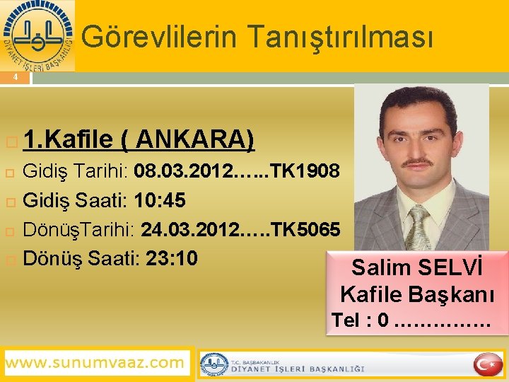 Görevlilerin Tanıştırılması 4 1. Kafile ( ANKARA) Gidiş Tarihi: 08. 03. 2012…. . .