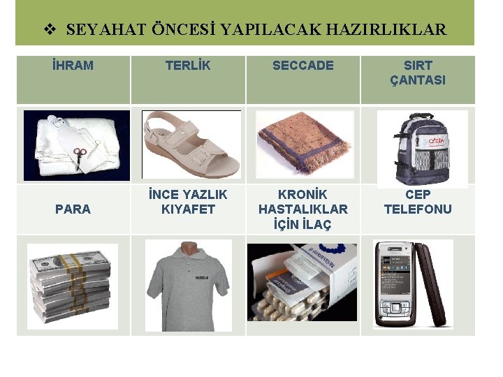 v SEYAHAT ÖNCESİ YAPILACAK HAZIRLIKLAR İHRAM TERLİK SECCADE SIRT ÇANTASI PARA İNCE YAZLIK KIYAFET