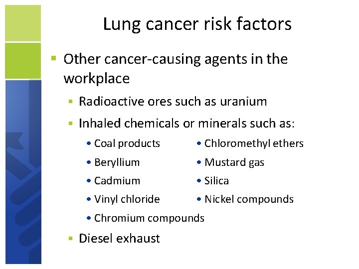 Lung cancer risk factors Other cancer-causing agents in the workplace Radioactive ores such as