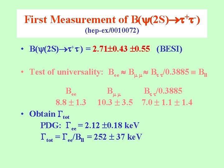 First Measurement of B( (2 S) + -) (hep-ex/0010072) • B( (2 S) +