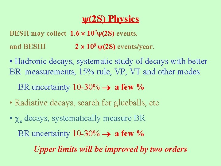 ψ(2 S) Physics BESII may collect 1. 6 107ψ(2 S) events. and BESIII 2