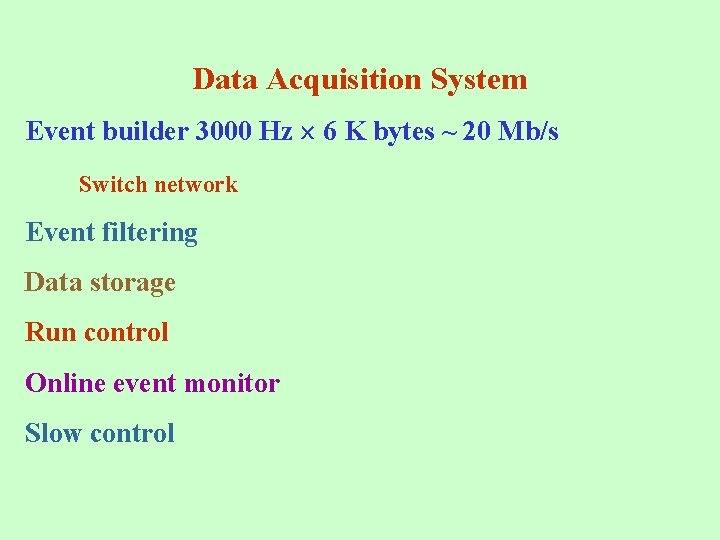 Data Acquisition System Event builder 3000 Hz 6 K bytes ~ 20 Mb/s Switch