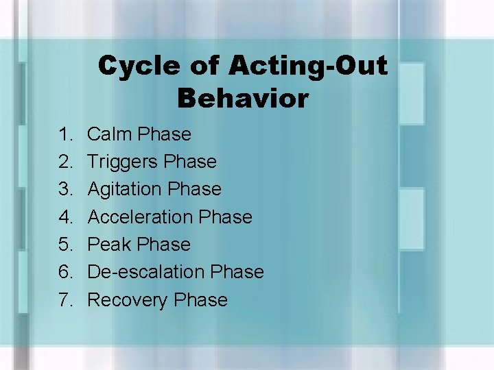 Cycle of Acting-Out Behavior 1. 2. 3. 4. 5. 6. 7. Calm Phase Triggers