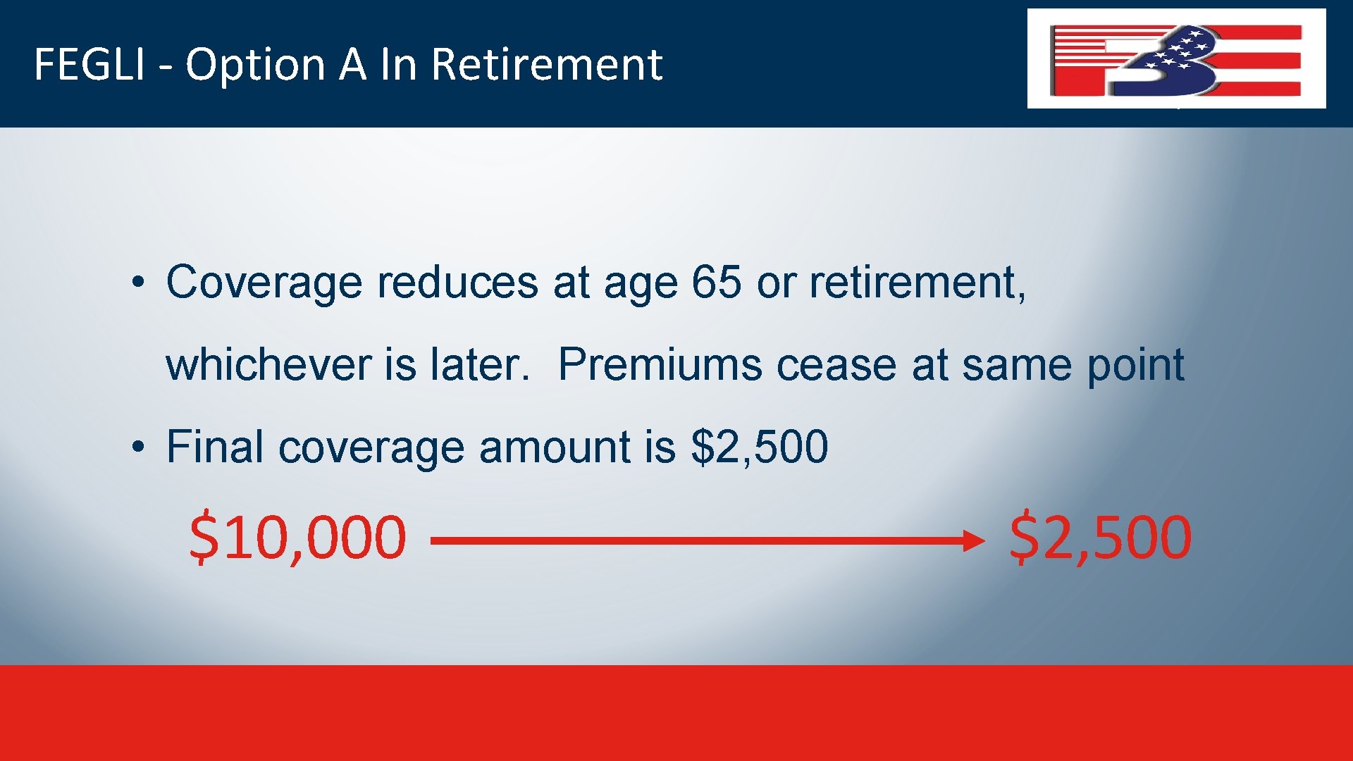 FEGLI - Option A In Retirement • Coverage reduces at age 65 or retirement,