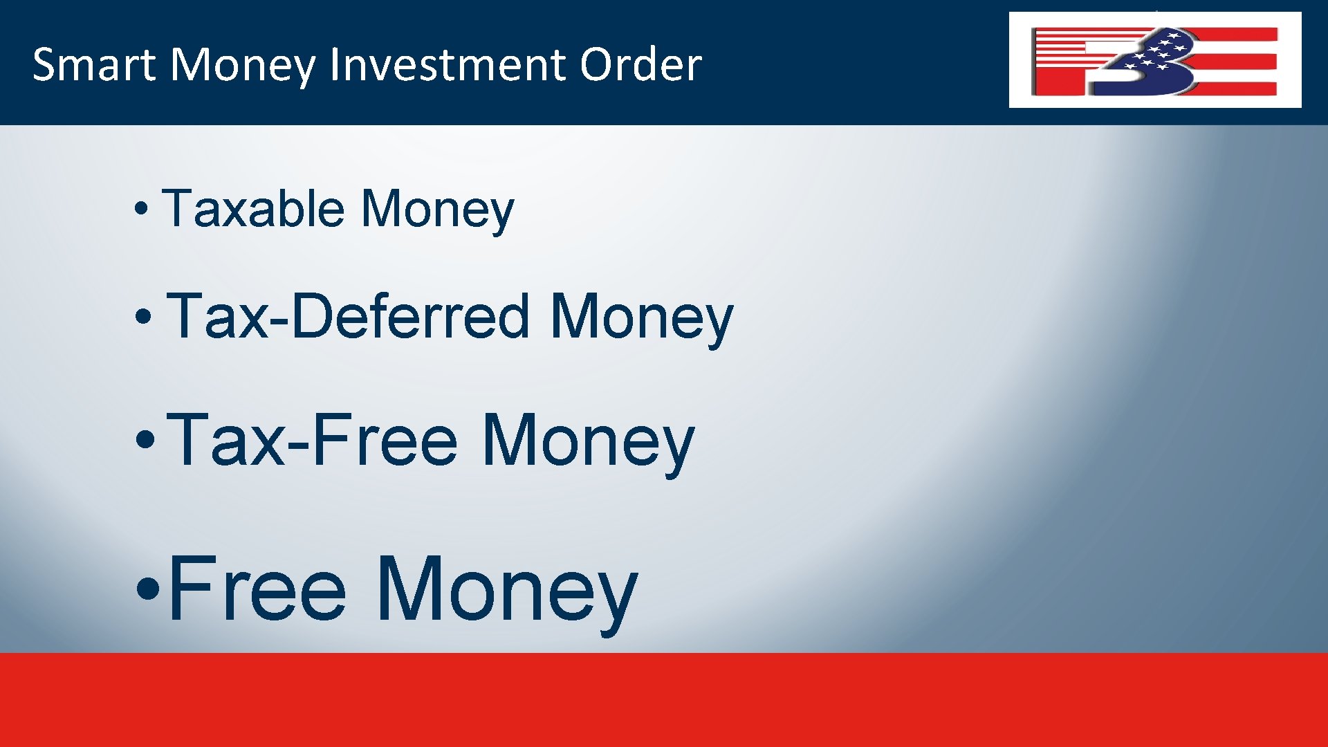 Smart Money Investment Order • Taxable Money • Tax-Deferred Money • Tax-Free Money •