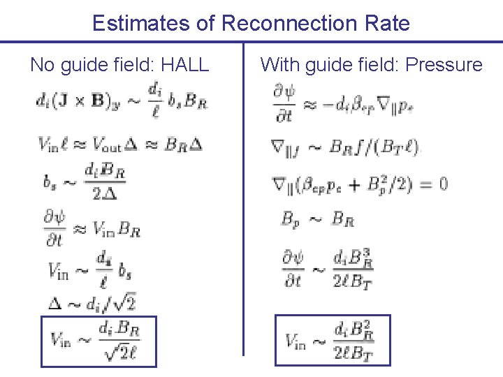 Estimates of Reconnection Rate No guide field: HALL With guide field: Pressure 