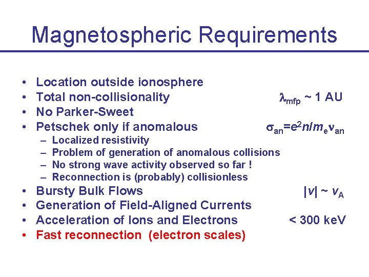 Magnetospheric Requirements • • Location outside ionosphere Total non-collisionality No Parker-Sweet Petschek only if