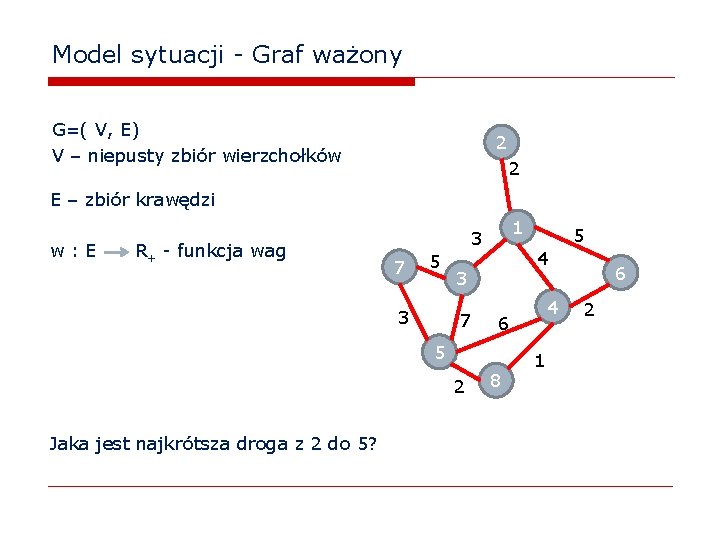 Model sytuacji - Graf ważony G=( V, E) V – niepusty zbiór wierzchołków 2
