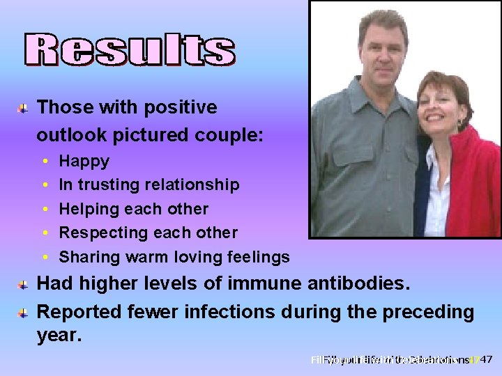 Those with positive outlook pictured couple: • • • Happy In trusting relationship Helping