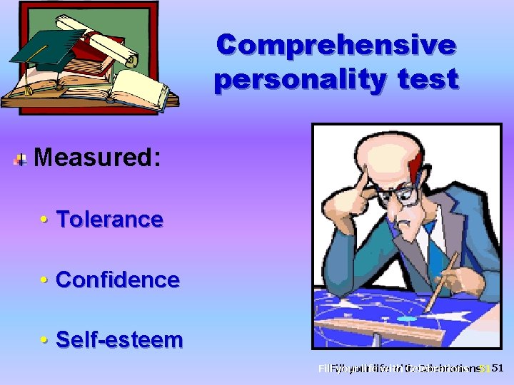 Comprehensive personality test Measured: • Tolerance • Confidence • Self-esteem Fill your life with