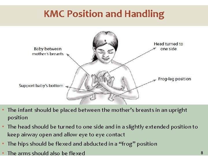 KMC Position and Handling • The infant should be placed between the mother’s breasts