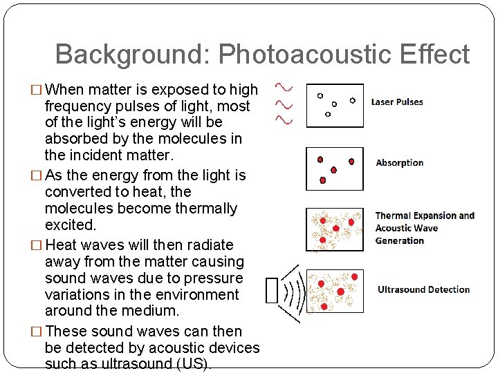 Background: Photoacoustic Effect � When matter is exposed to high frequency pulses of light,