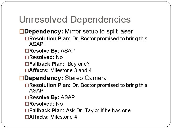 Unresolved Dependencies �Dependency: Mirror setup to split laser �Resolution Plan: Dr. Boctor promised to