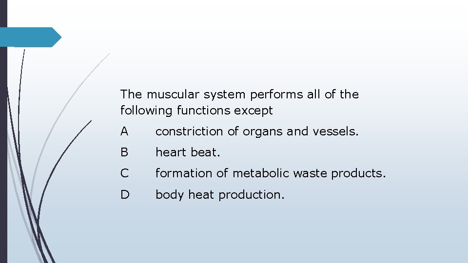 The muscular system performs all of the following functions except A constriction of organs