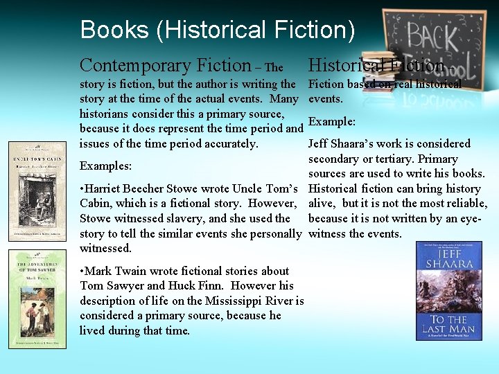 Books (Historical Fiction) Contemporary Fiction – The Historical Fiction – story is fiction, but