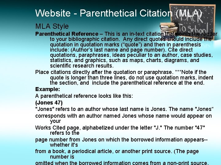 Website - Parenthetical Citation (MLA) MLA Style Parenthetical Reference – This is an in-text