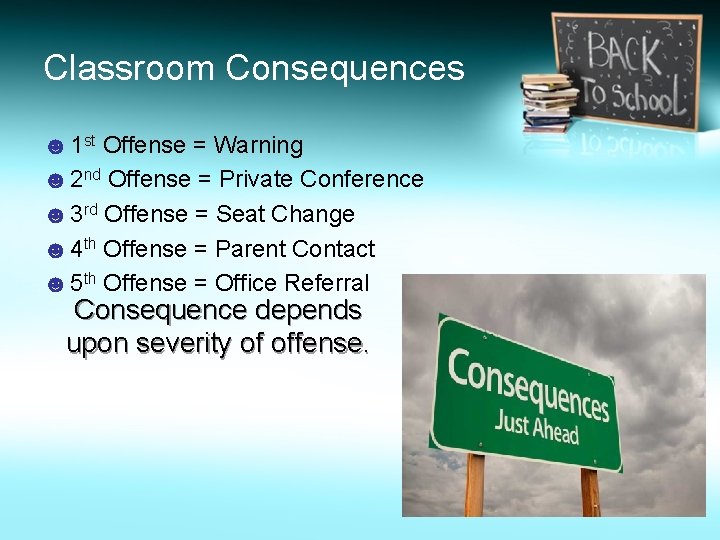 Classroom Consequences ☻ 1 st Offense = Warning ☻ 2 nd Offense = Private