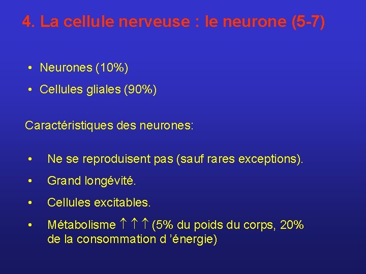 4. La cellule nerveuse : le neurone (5 -7) • Neurones (10%) • Cellules