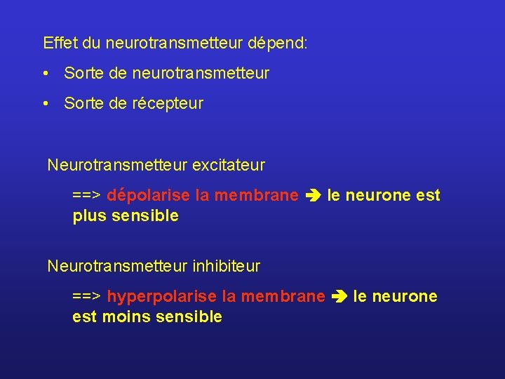 Effet du neurotransmetteur dépend: • Sorte de neurotransmetteur • Sorte de récepteur Neurotransmetteur excitateur