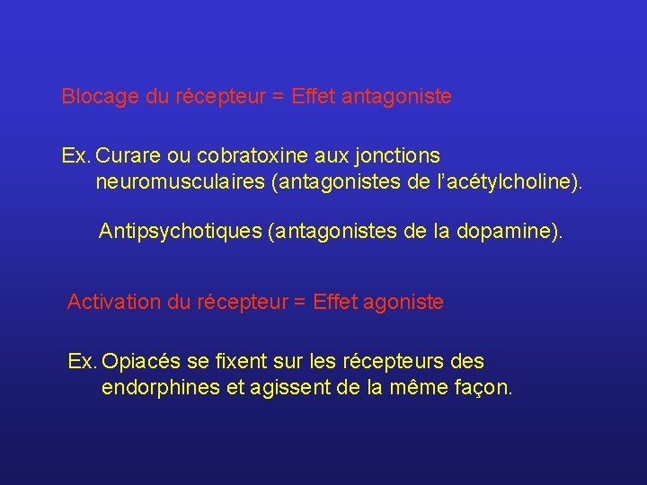 Blocage du récepteur = Effet antagoniste Ex. Curare ou cobratoxine aux jonctions neuromusculaires (antagonistes