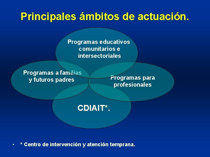 Principales ámbitos de actuación. Programas educativos comunitarios e intersectoriales Programas a familias y futuros