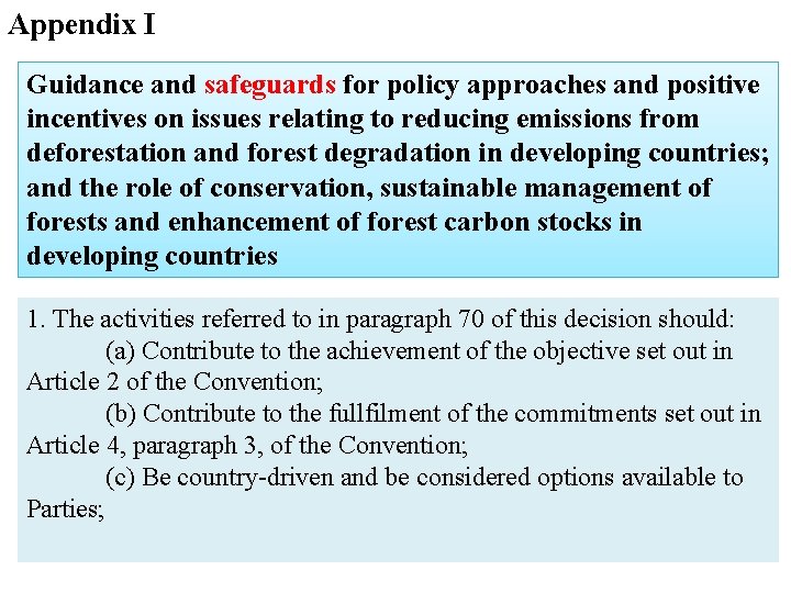Appendix I Guidance and safeguards for policy approaches and positive incentives on issues relating