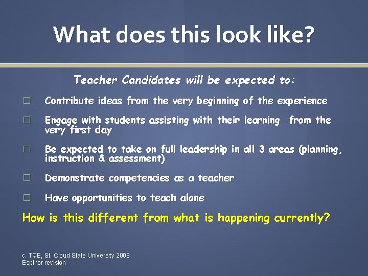 What does this look like? Teacher Candidates will be expected to: � Contribute ideas