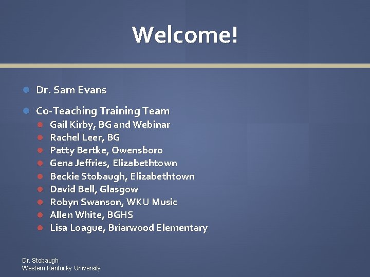 Welcome! Dr. Sam Evans Co-Teaching Training Team Gail Kirby, BG and Webinar Rachel Leer,