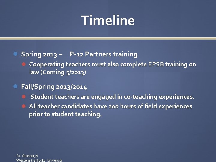 Timeline Spring 2013 – P-12 Partners training Cooperating teachers must also complete EPSB training