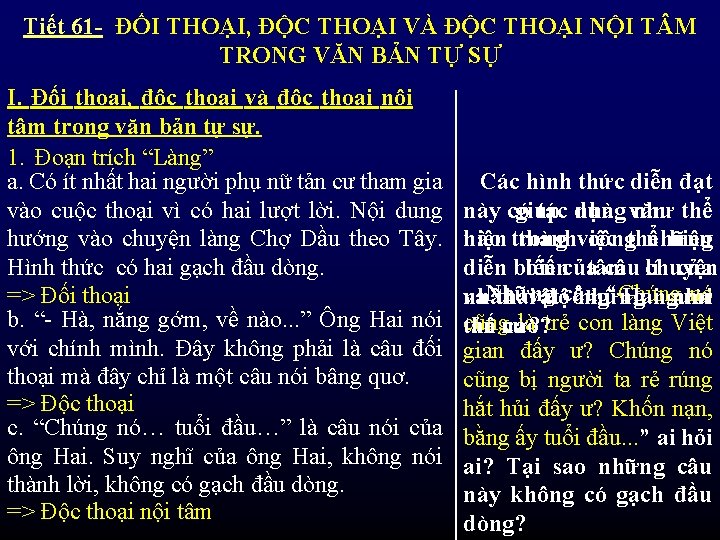 Tiết 61 - ĐỐI THOẠI, ĐỘC THOẠI VÀ ĐỘC THOẠI NỘI T M TRONG