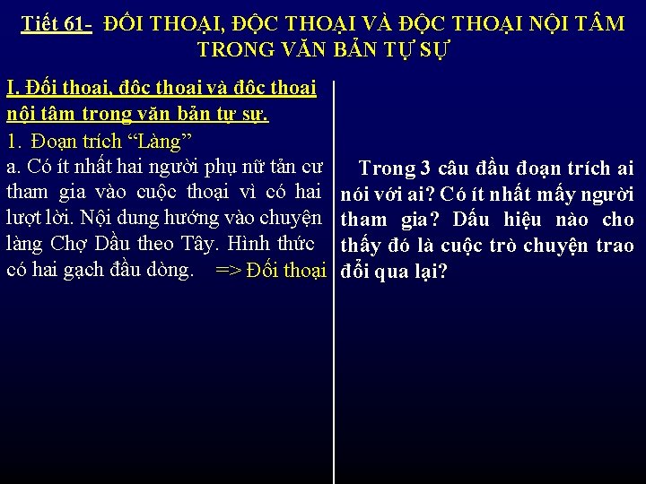 Tiết 61 - ĐỐI THOẠI, ĐỘC THOẠI VÀ ĐỘC THOẠI NỘI T M TRONG
