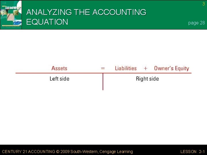 3 ANALYZING THE ACCOUNTING EQUATION CENTURY 21 ACCOUNTING © 2009 South-Western, Cengage Learning page
