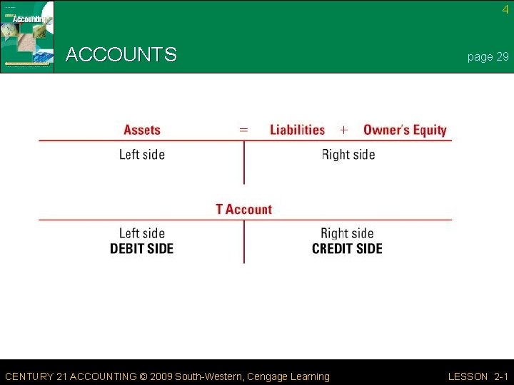 4 ACCOUNTS CENTURY 21 ACCOUNTING © 2009 South-Western, Cengage Learning page 29 LESSON 2