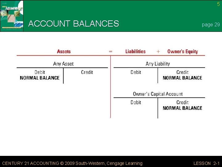 5 ACCOUNT BALANCES CENTURY 21 ACCOUNTING © 2009 South-Western, Cengage Learning page 29 LESSON