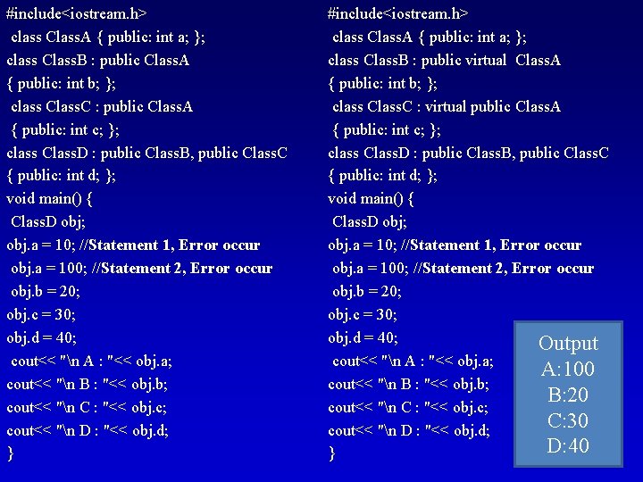 #include<iostream. h> class Class. A { public: int a; }; class Class. B :