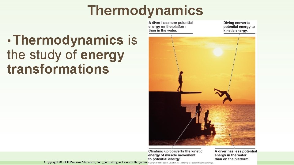 Thermodynamics • Thermodynamics the study of energy transformations is Copyright © 2008 Pearson Education,