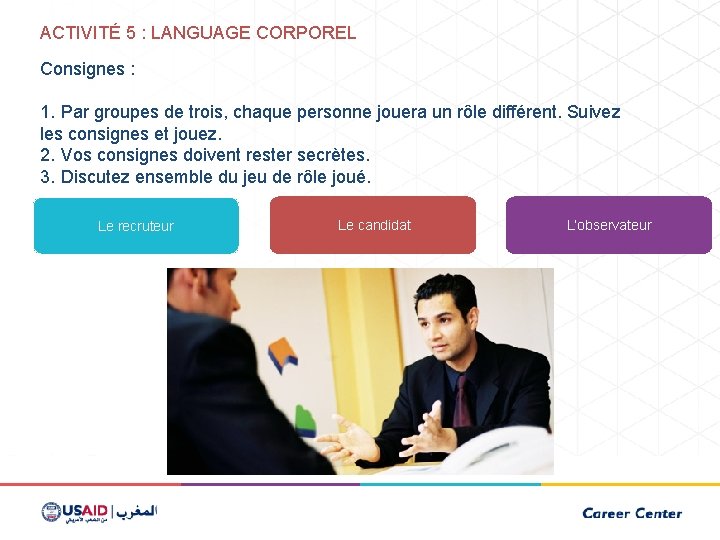 ACTIVITÉ 5 : LANGUAGE CORPOREL Consignes : 1. Par groupes de trois, chaque personne