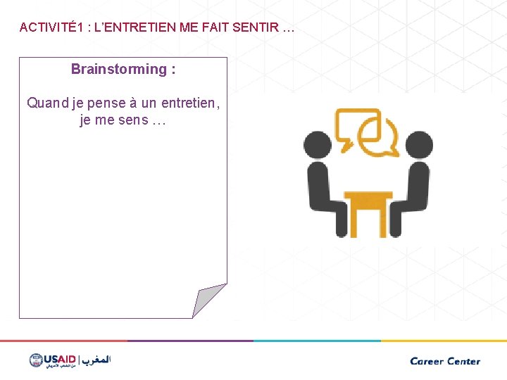 ACTIVITÉ1 : L’ENTRETIEN ME FAIT SENTIR … Brainstorming : Quand je pense à un