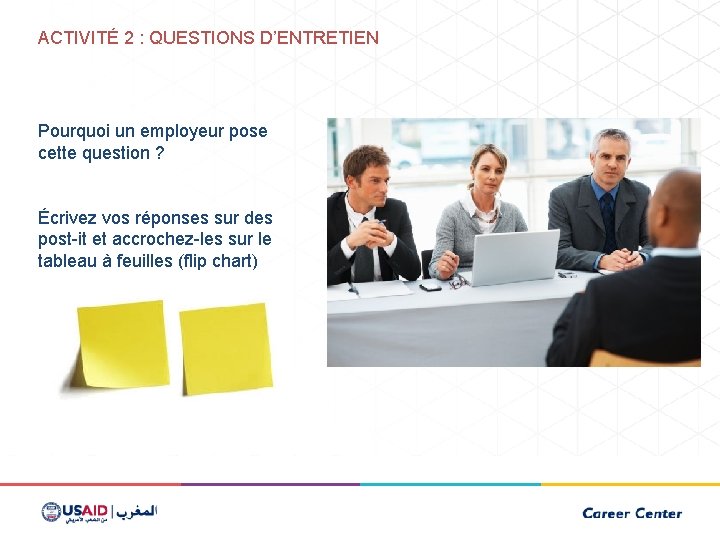 ACTIVITÉ 2 : QUESTIONS D’ENTRETIEN Pourquoi un employeur pose cette question ? Écrivez vos