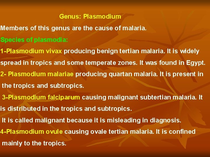 Genus: Plasmodium Members of this genus are the cause of malaria. Species of plasmodia: