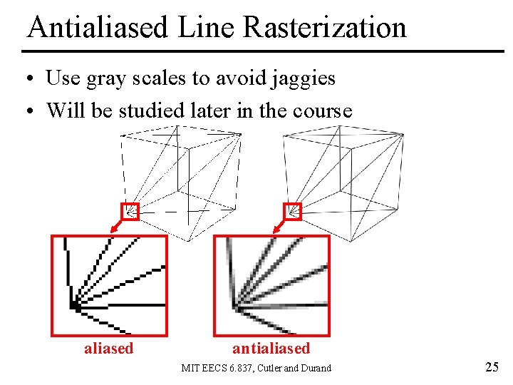 Antialiased Line Rasterization • Use gray scales to avoid jaggies • Will be studied