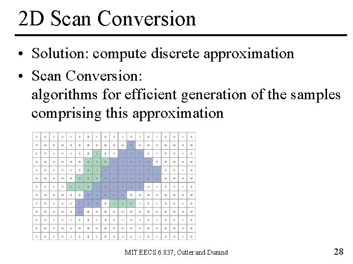 2 D Scan Conversion • Solution: compute discrete approximation • Scan Conversion: algorithms for