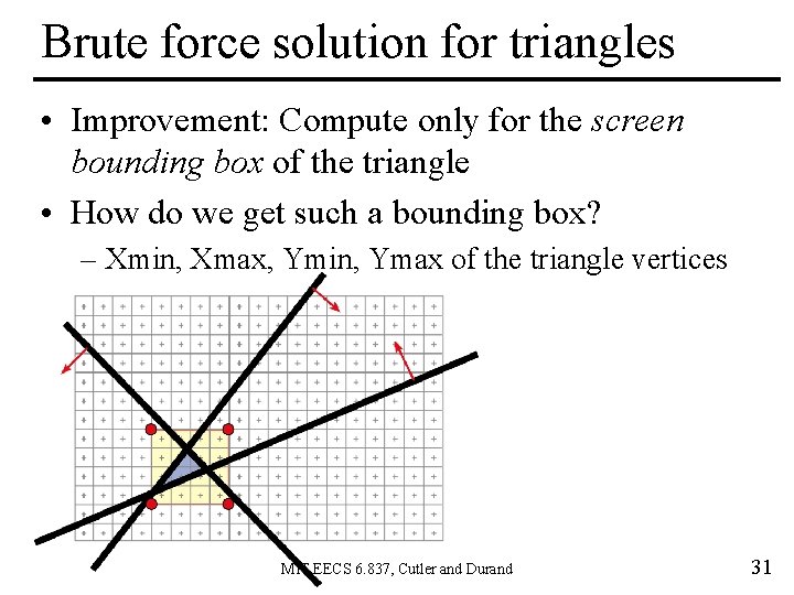 Brute force solution for triangles • Improvement: Compute only for the screen bounding box