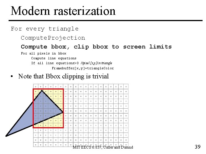 Modern rasterization For every triangle Compute. Projection Compute bbox, clip bbox to screen limits