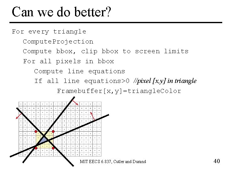 Can we do better? For every triangle Compute. Projection Compute bbox, clip bbox to