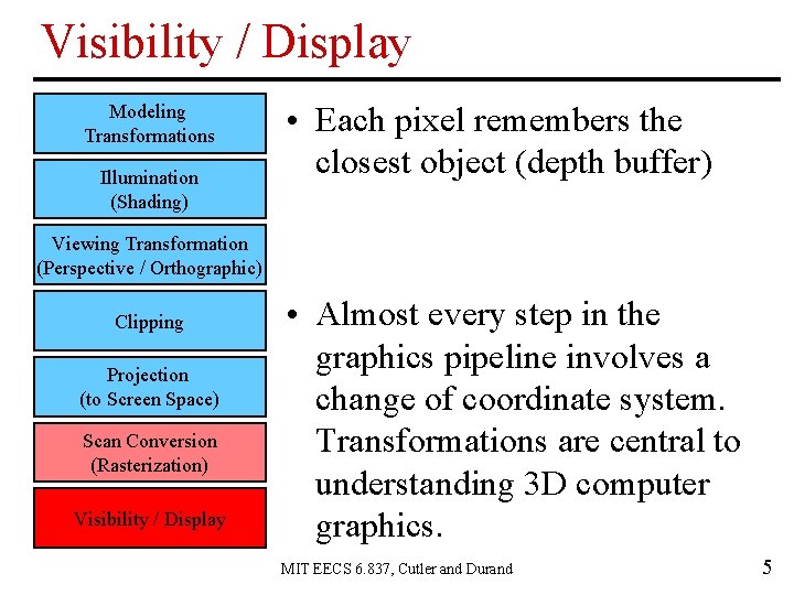 Visibility / Display Modeling Transformations Illumination (Shading) • Each pixel remembers the closest object