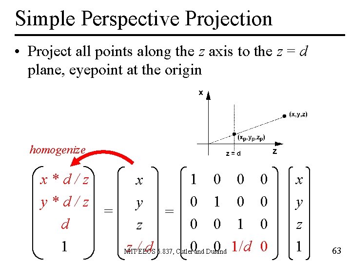 Simple Perspective Projection • Project all points along the z axis to the z