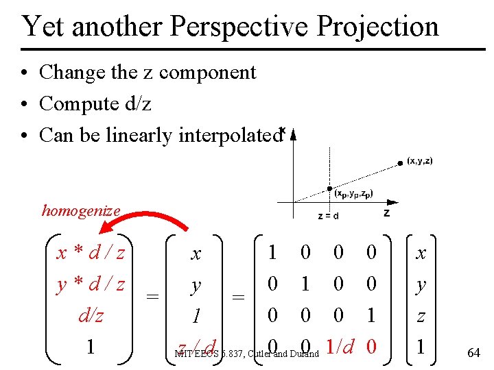 Yet another Perspective Projection • Change the z component • Compute d/z • Can